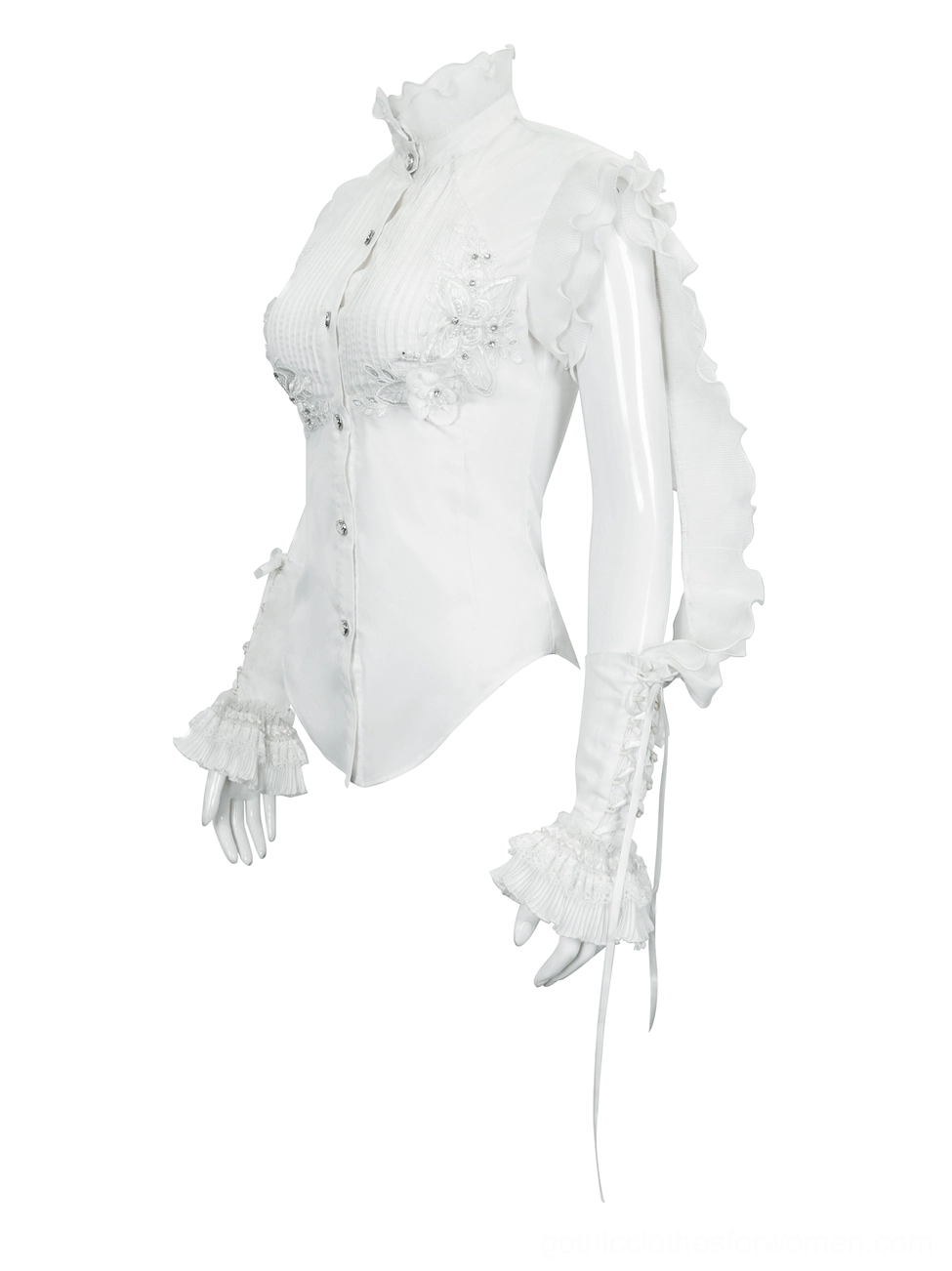 Asymmetric white gothic sleeveless blouse three-quarter view showing single ruffled sleeve and lace-up cuff detailing
