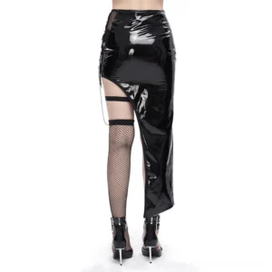 Asymmetric black patent leather gothic skirt with fishnet stocking, front studio view, single thigh strap with pointed heels