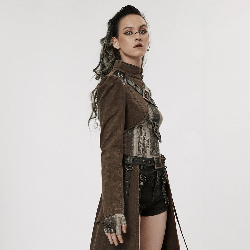 Alternative angle of asymmetrical gothic jacket highlighting the architectural buckle straps and fitted construction