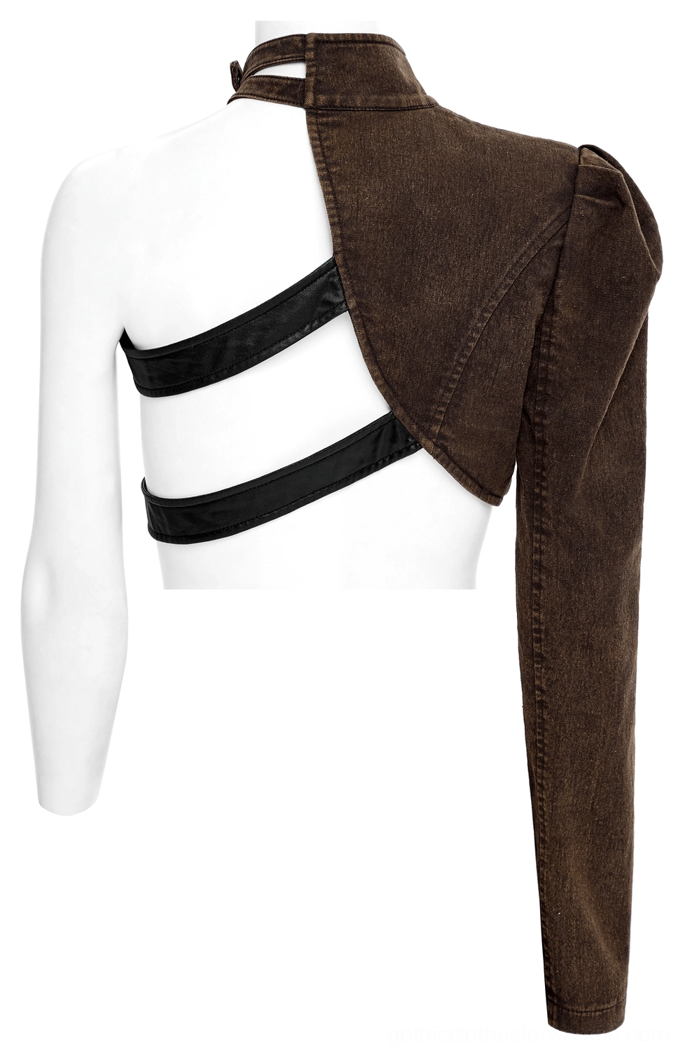 Back view of asymmetrical gothic jacket showing exposed back design with two black strap belts and brown sleeve fabric