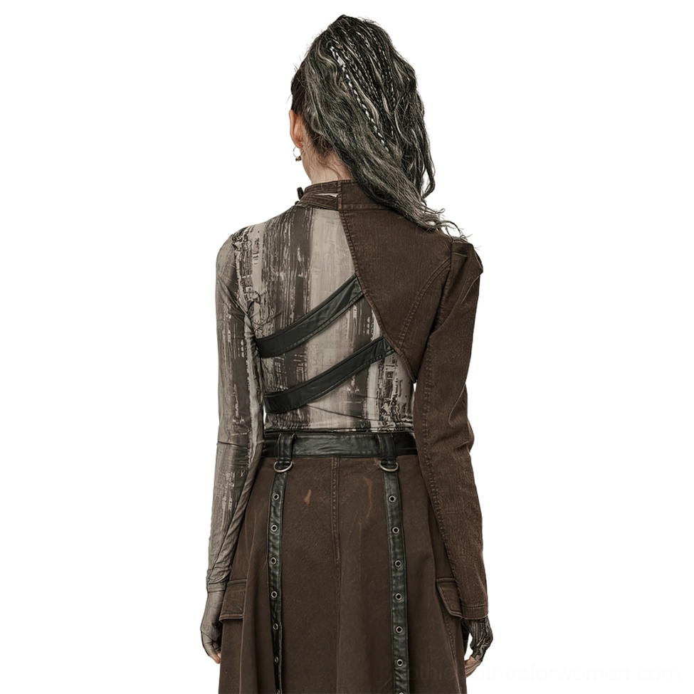 Asymmetrical gothic jacket back view showing exposed back design with dual black strap belts and high collar