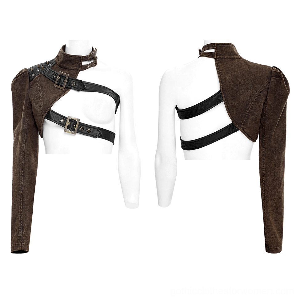 Gothic asymmetrical jacket front dual-angle view on mannequin displaying single sleeve and buckle strap details