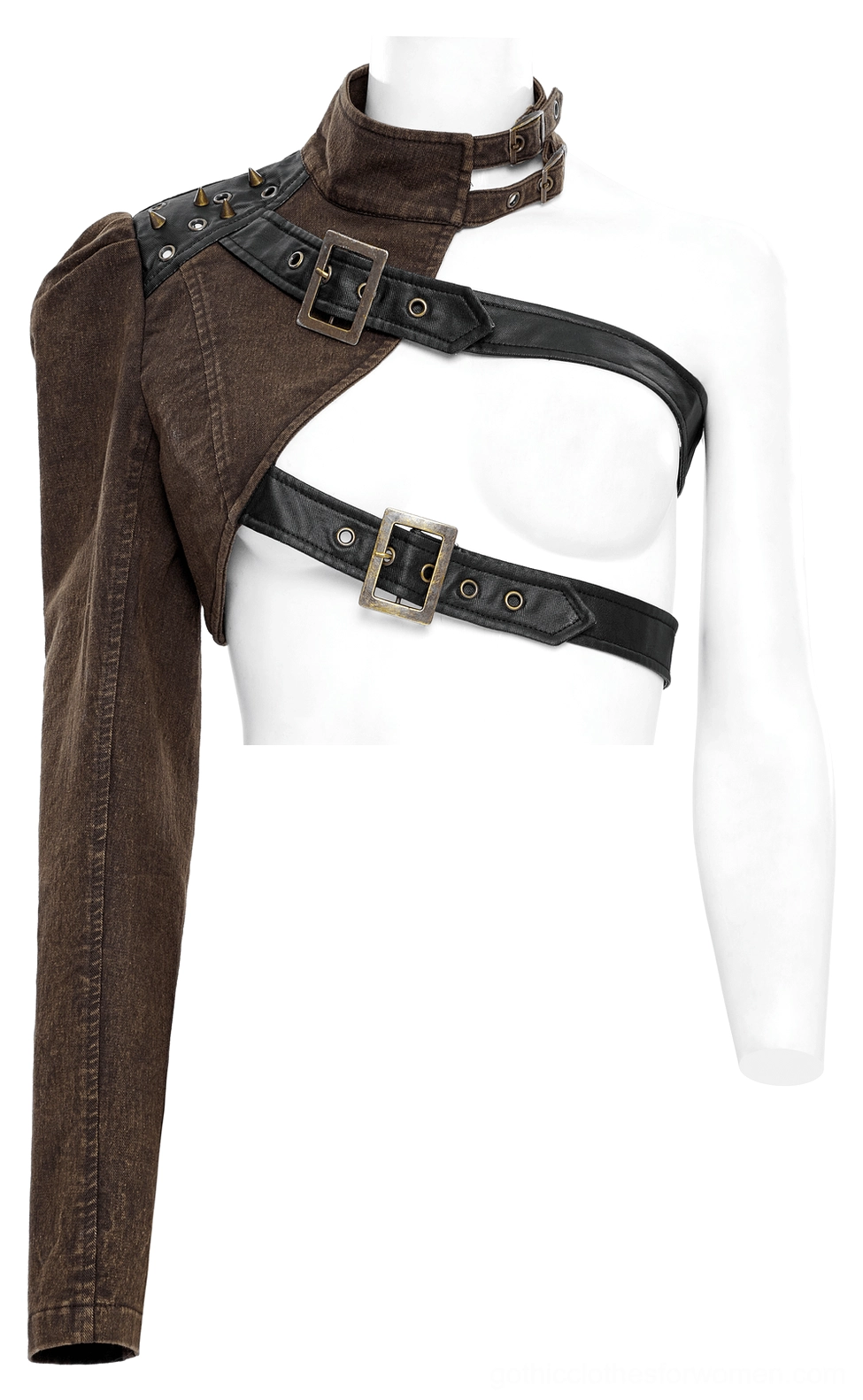 Close-up front view of asymmetrical gothic jacket showing single brown sleeve, dual black buckle straps, and stand collar construction
