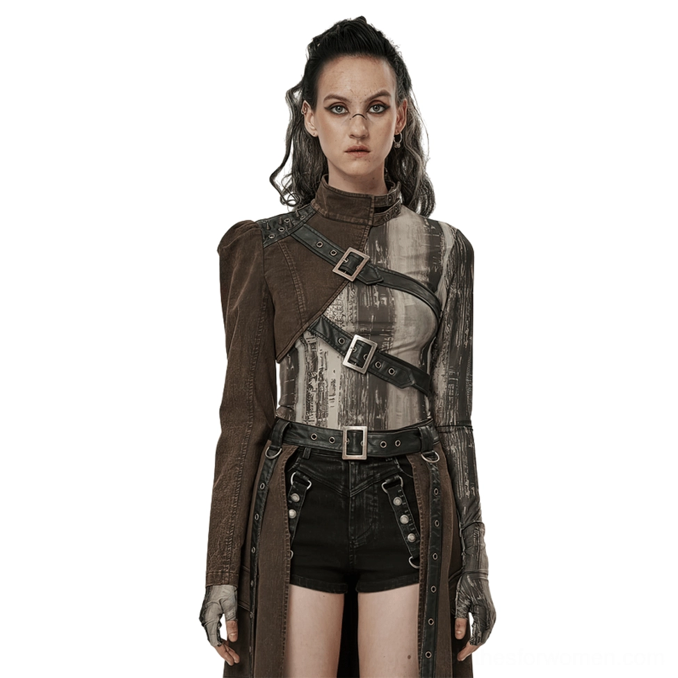 Asymmetrical gothic faux leather jacket front full view on model, single brown sleeve with black buckle straps and adjustable stand collar