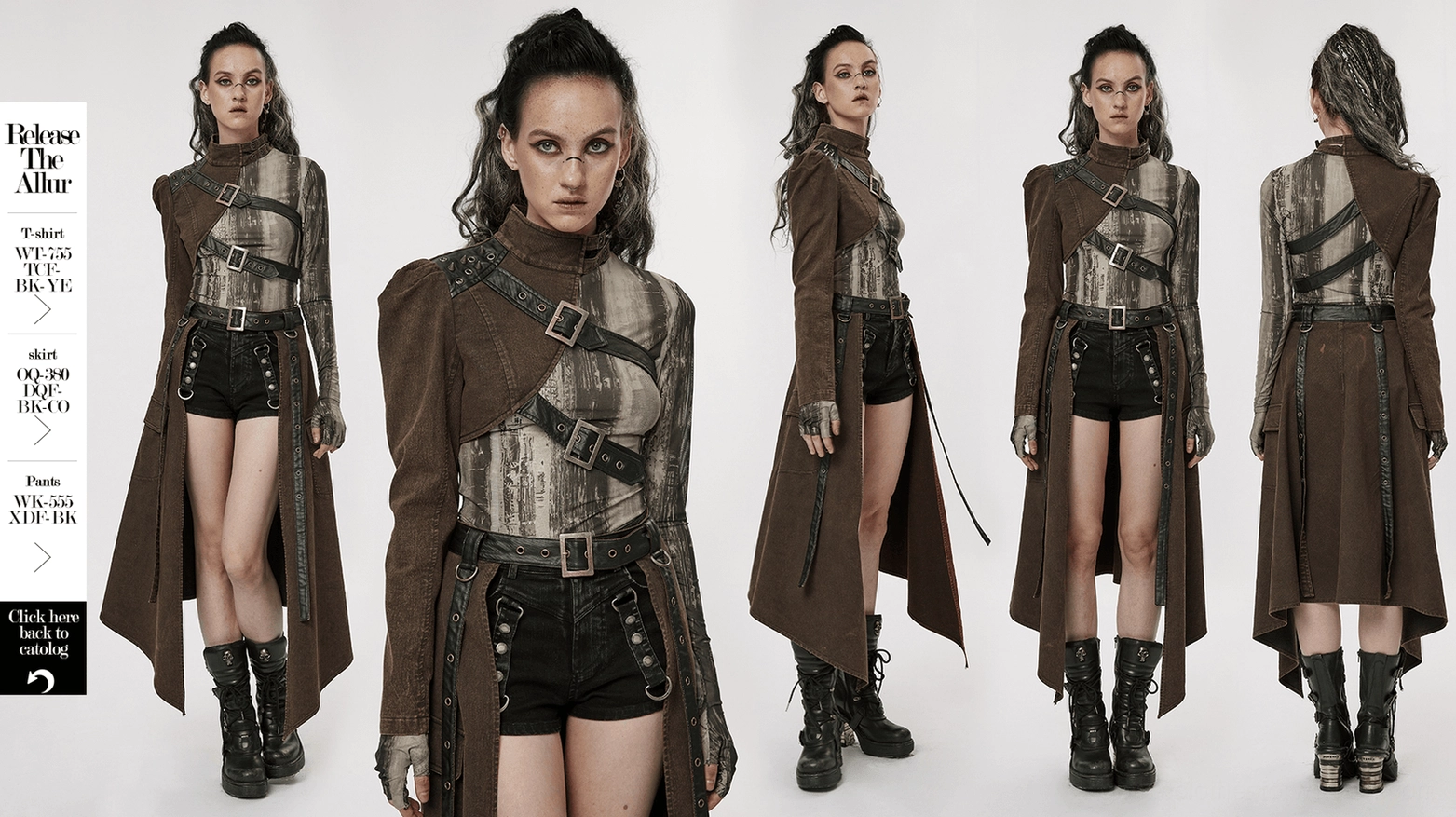 Detail view of asymmetrical gothic jacket's metal rivets and eyelets on shoulder area showing industrial gothic aesthetic