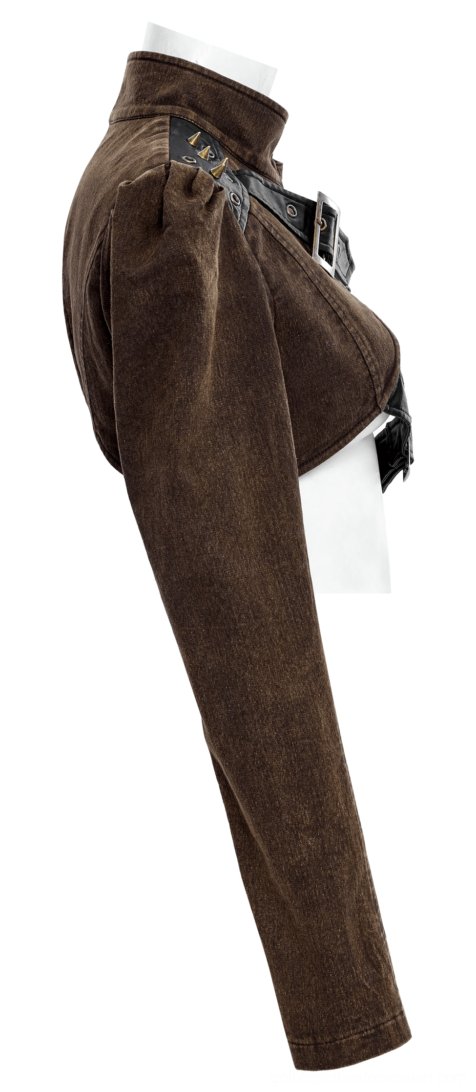 Side profile view of asymmetrical gothic jacket displaying puffed shoulder detail and brown faux leather texture