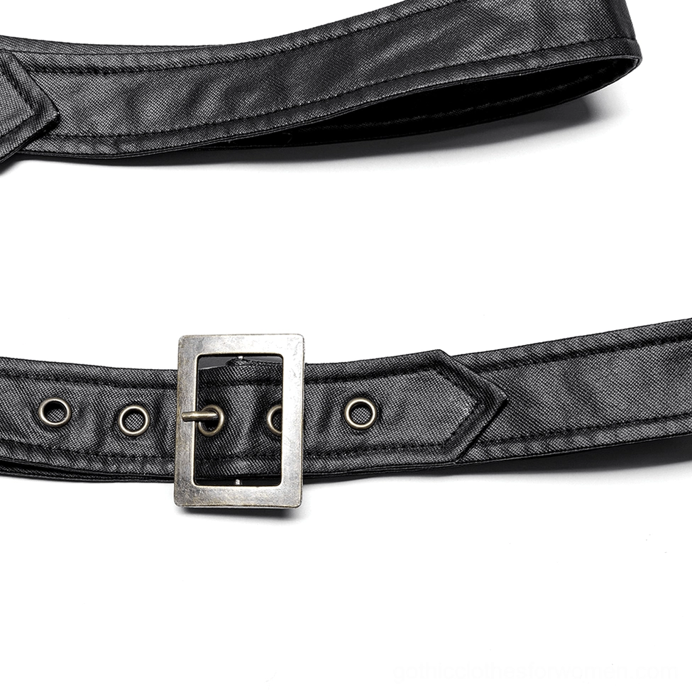 Close-up detail of black faux leather buckle strap with metal square buckle and adjustable holes