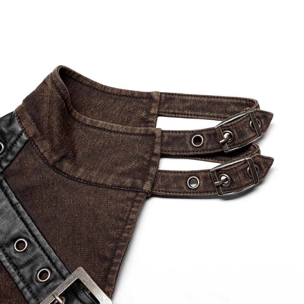 Close-up view of jacket collar strap detail featuring brown fabric with dual adjustable buckle straps and metal eyelet fasteners