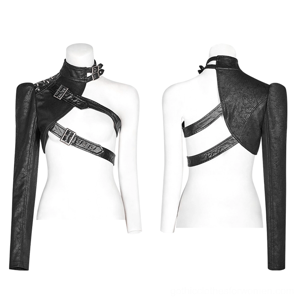 Asymmetrical gothic faux leather jacket front and back mannequin display - detailed construction view