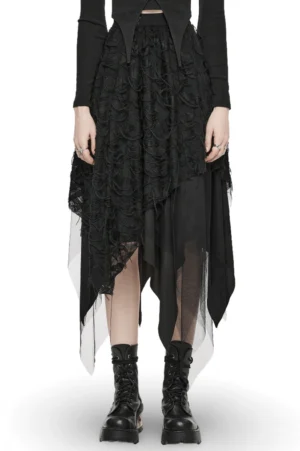 Black asymmetrical gothic mesh midi skirt with butterfly buckle - front view on model showing layered fabric and sheer mesh hem