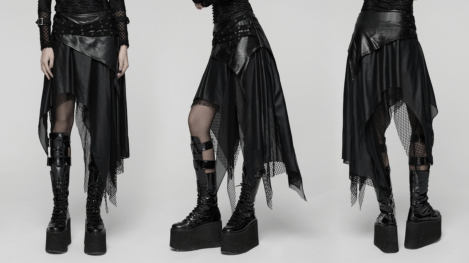 Black asymmetrical gothic wasteland skirt product showcase - main lifestyle image