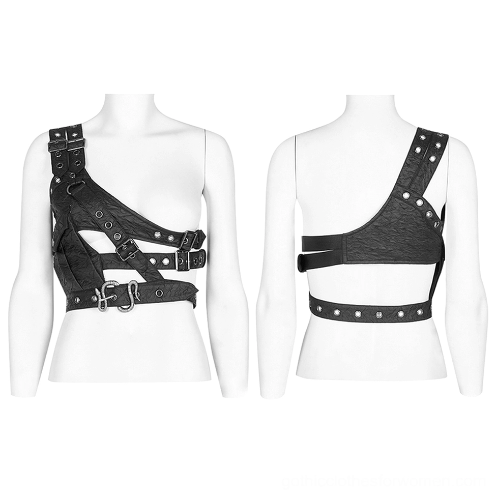 Asymmetrical leather shoulder harness displayed on dual torso mannequins front and rear view with metal grommets and cropped waist design