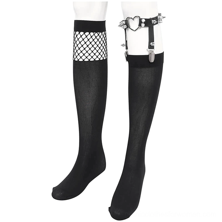 Front flat view of asymmetrical mesh gothic knee-high socks showing split design with heart-shaped metal garter attachment