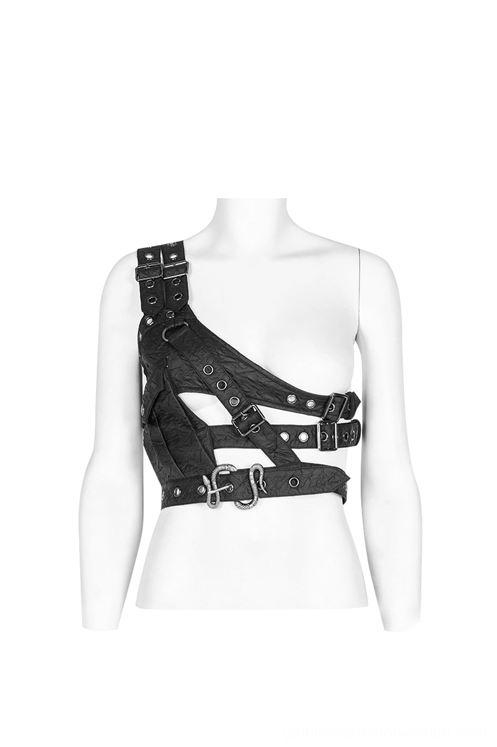 Single-shoulder black leather body harness displayed on torso mannequin showing adjustable metal buckles and studded strap design