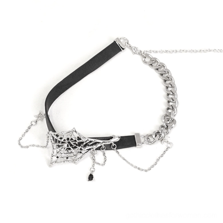 Asymmetrical spider web leather choker with silver chain - detailed product showcase