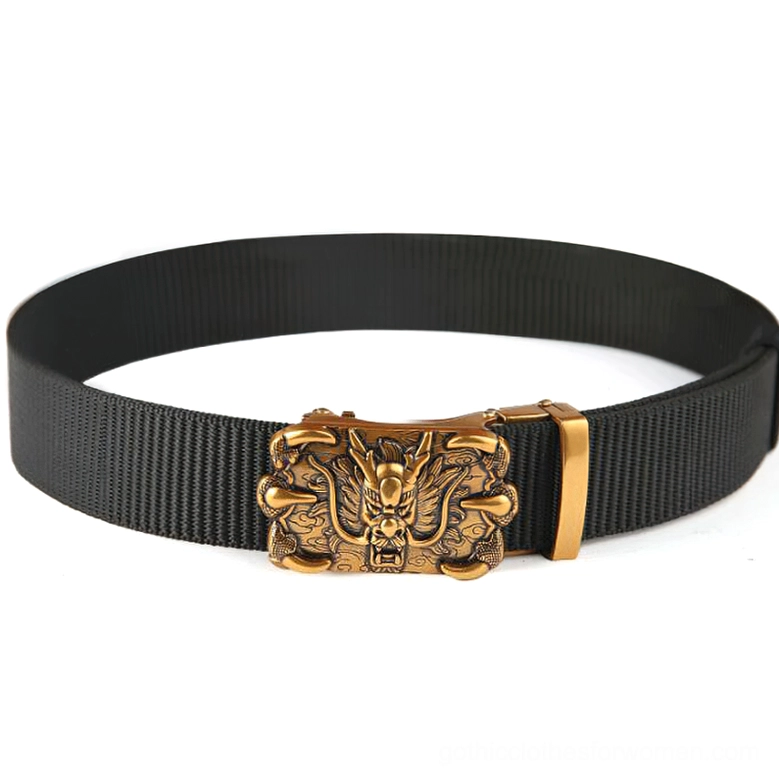 Gothic nylon belt buckle mechanism detail showing automatic adjustment and dragon embossing