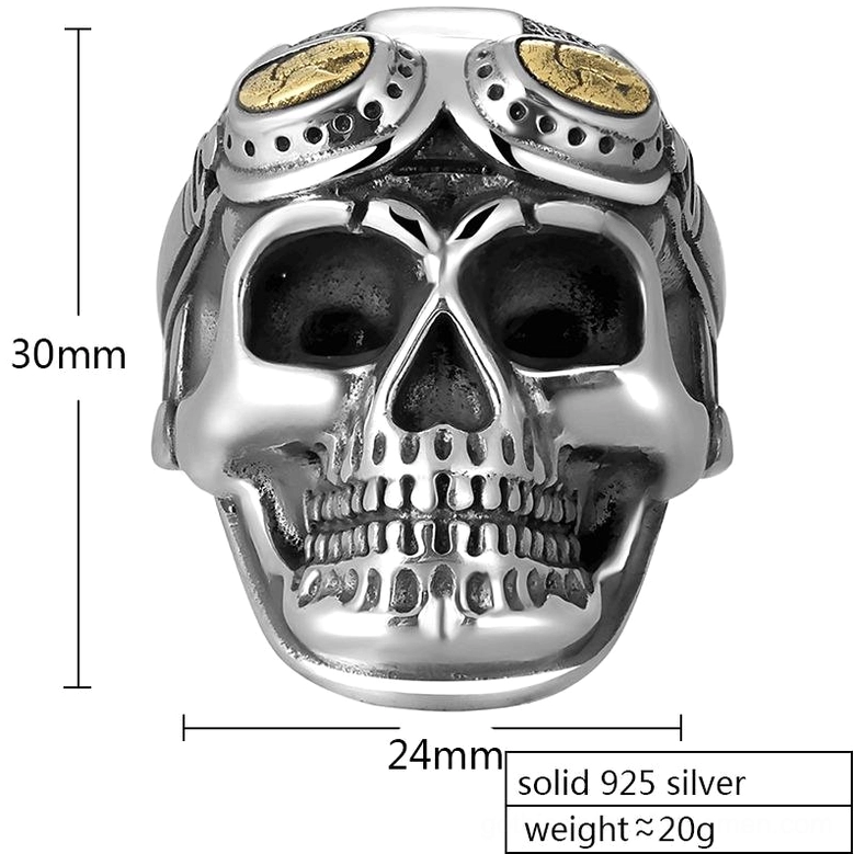 Sterling silver aviator skull ring front view with size specifications showing 30mm height and 24g weight measurements
