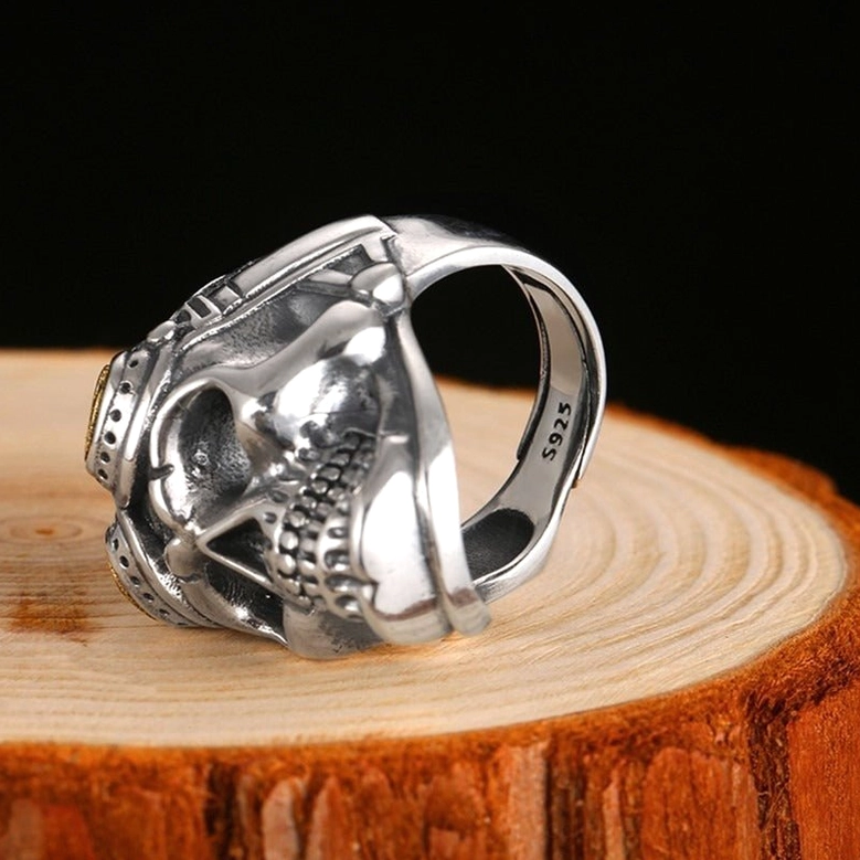 Adjustable skull ring underside view showing S925 hallmark stamping on inner band authentic sterling silver certification