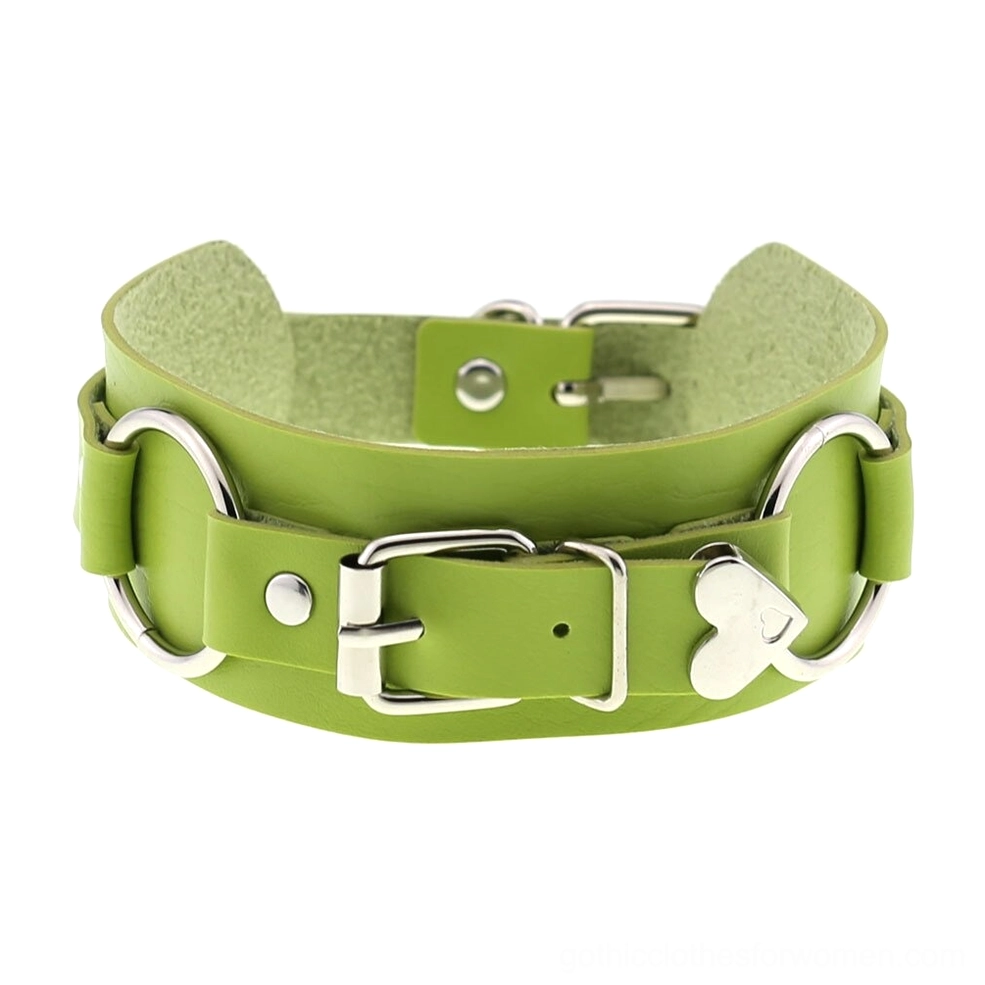 Avocado green leather choker with matte silver metal parts and heart-shaped decor, fresh color variation