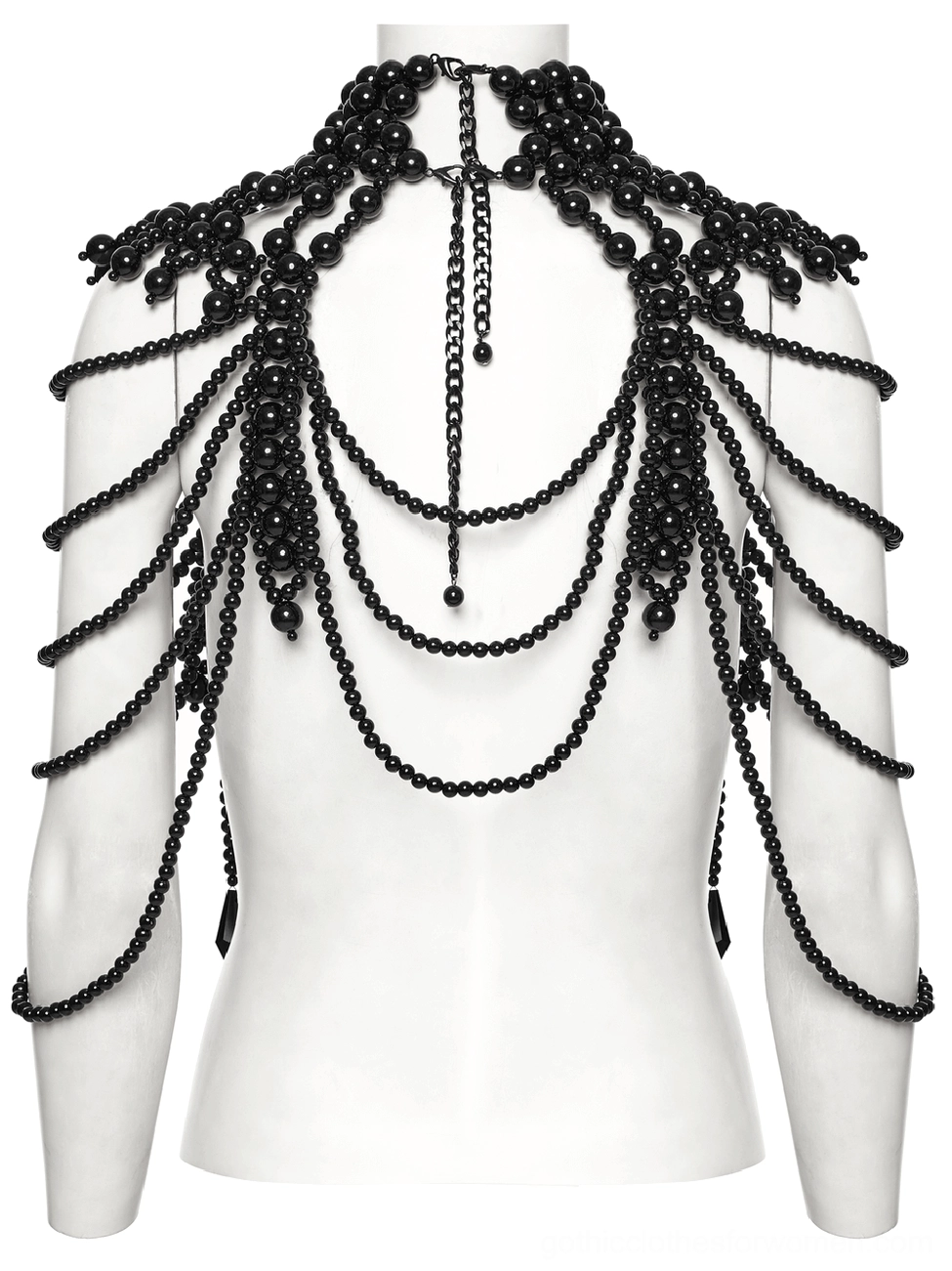 Gothic back neck body jewelry harness on mannequin with high collar and layered chain detail across shoulders