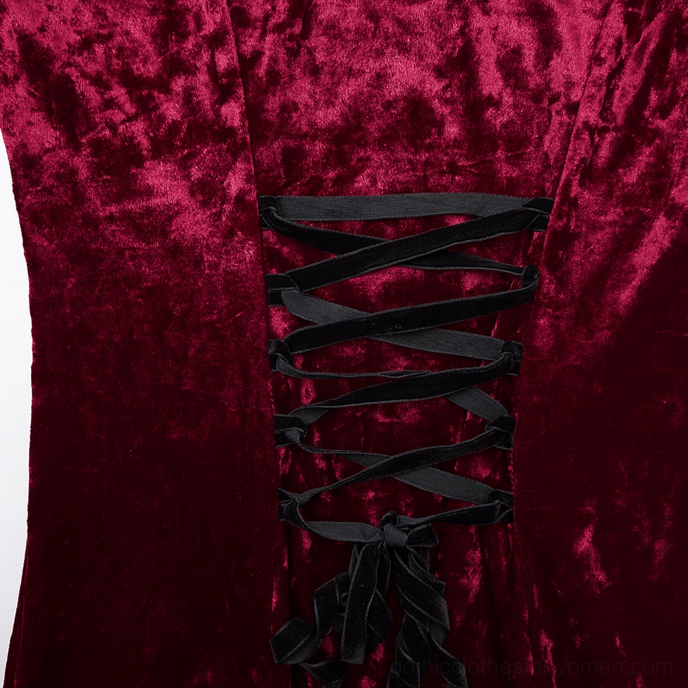 Close-up of back ribbon lace-up corset showing crushed velvet, black velvet ribbon, tied bow detail, and adjustable lacing