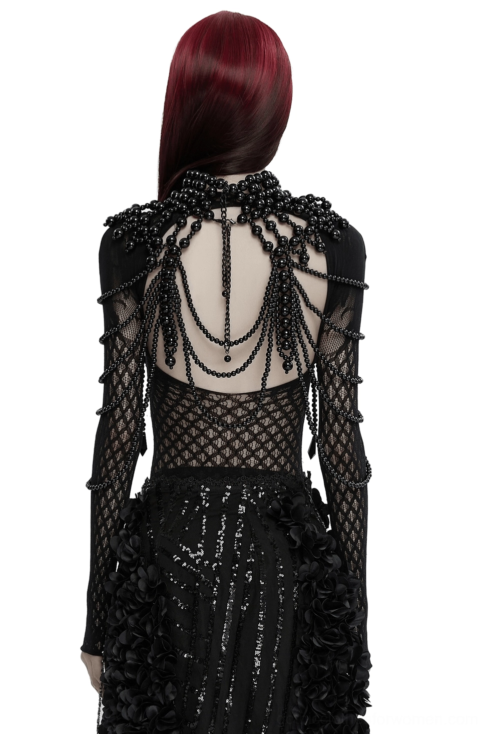 Gothic backless body chain harness rear view showing layered beaded pearls with fishnet sleeve details
