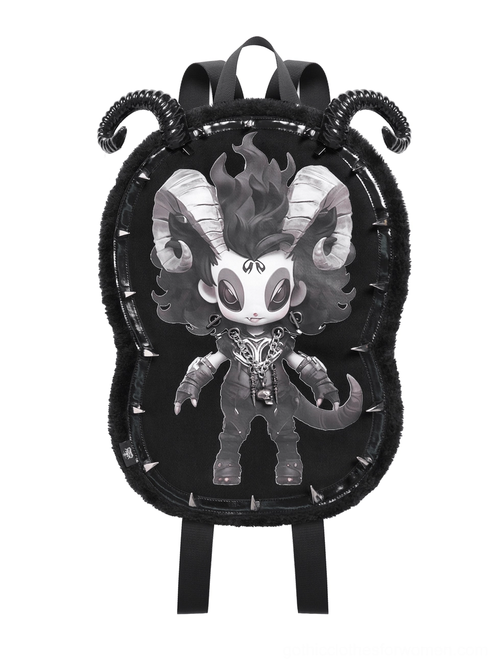 Close-up front view of demon backpack showing spiral ram horns, metal spike trim, and detailed demon artwork print