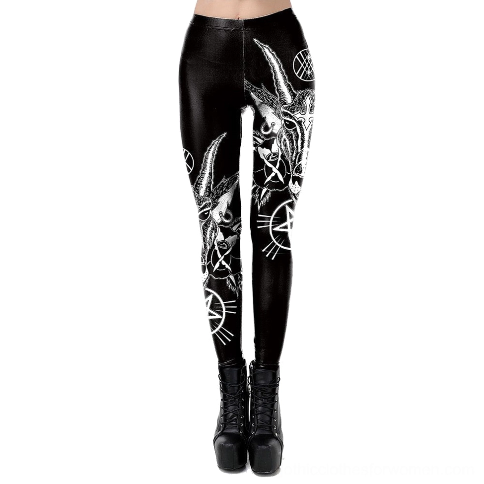 Black Baphomet gothic leggings front view with 3D occult pentagram print on both legs, mid-rise waistband, ankle-length slim fit