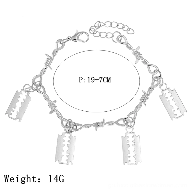 Silver barbed wire blade bracelet measurements detail, showing 19+7cm total length, 14g weight on white background
