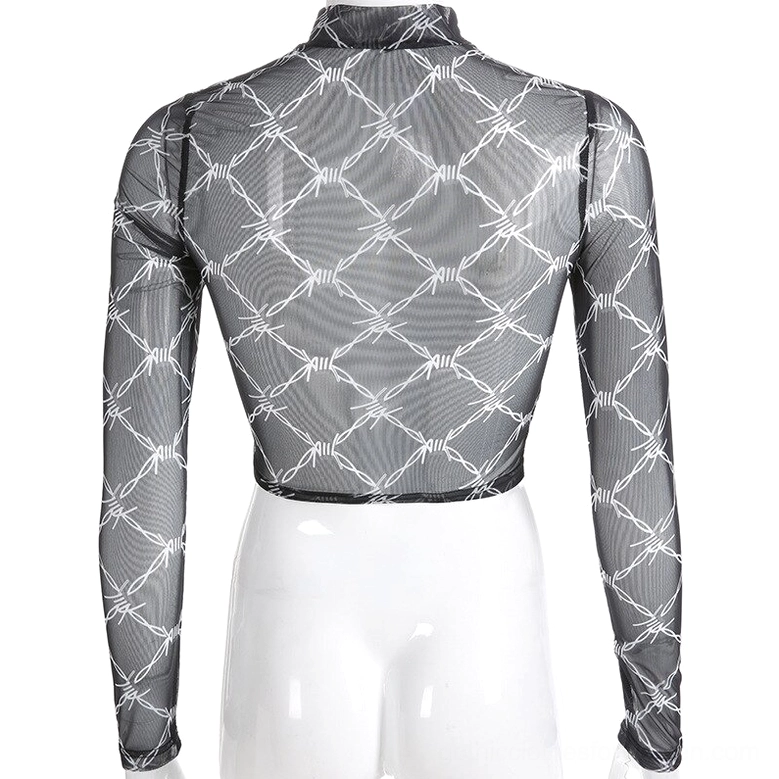Barbed wire mesh crop top back view on mannequin displaying mock neck back design