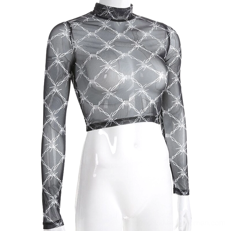 Black barbed wire mesh crop top fitted bust silhouette mannequin front display