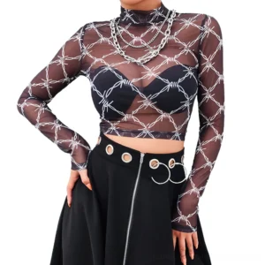Barbed wire print sheer crop top three-quarter angle on model with high-waisted zipper skirt, punk goth outfit