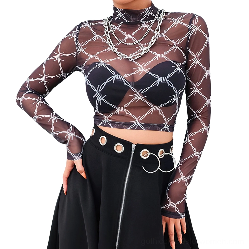 Barbed wire print sheer crop top three-quarter angle on model with high-waisted zipper skirt, punk goth outfit
