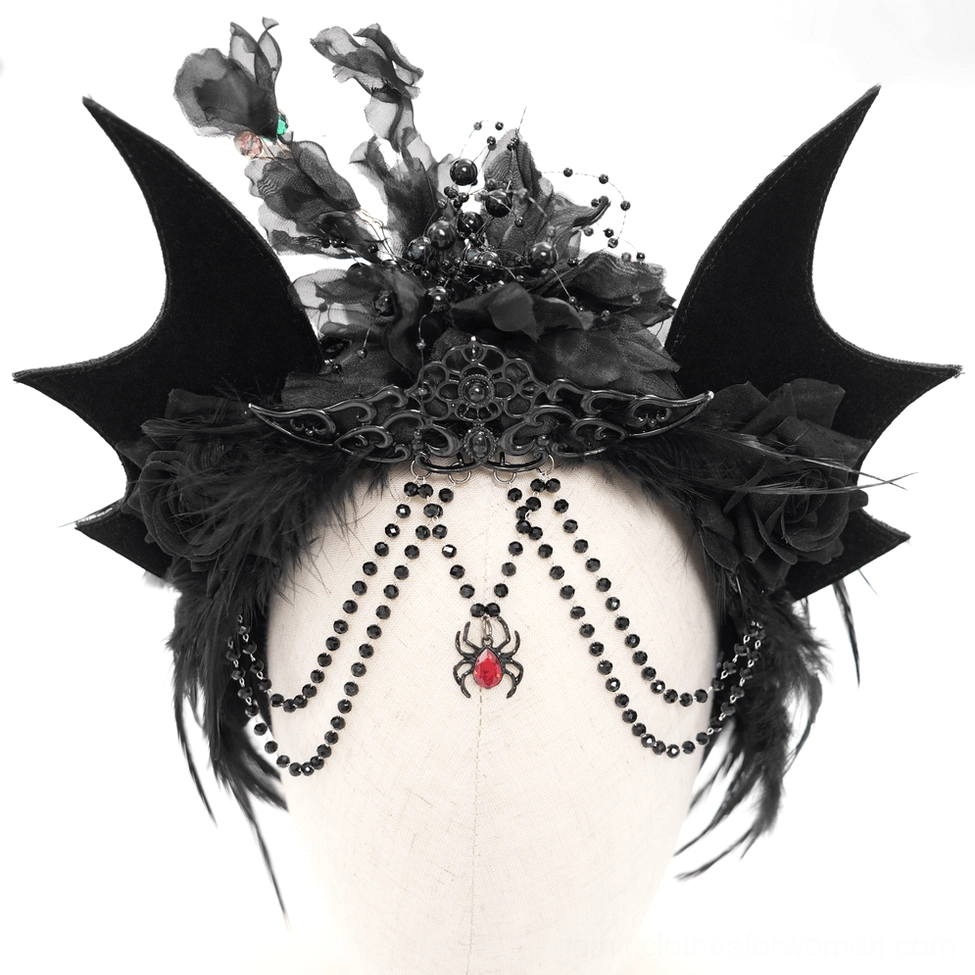 Flat lay front view of black bat crown with symmetrical wings and central red gemstone bead chain