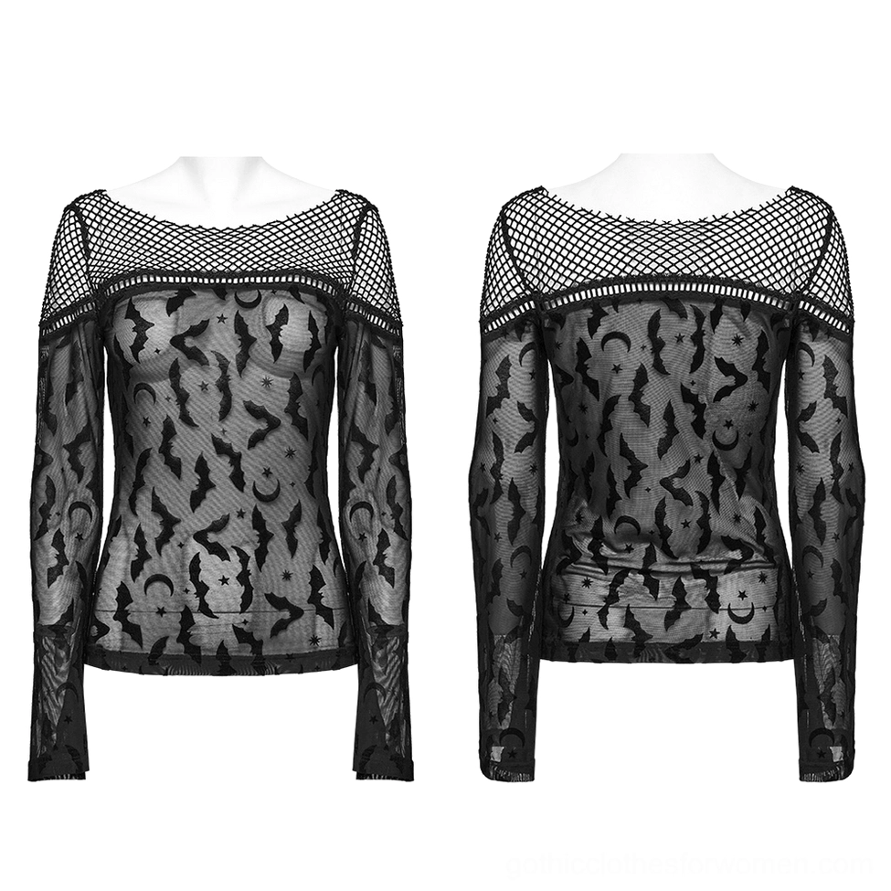 Black gothic long sleeve sheer mesh top with bat prints front and back mannequin display showing full design