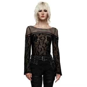 Black bat flocked sheer mesh gothic long sleeve top front view on blonde model with fishnet yoke and celestial print design