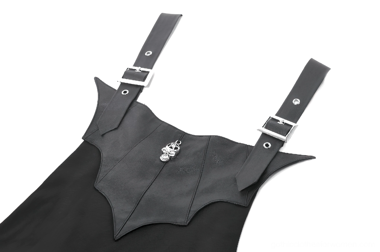 Close-up of bat-shaped leather panel bodice with metal buckles on gothic corset dress
