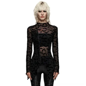 Black bat mesh gothic long sleeve top with asymmetrical hem - front full-body view on model