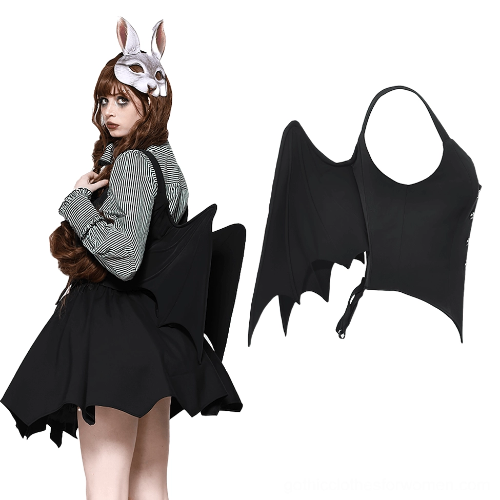 Detachable bat wing corset top front three-quarter view with separate wing accessory and silver button accents