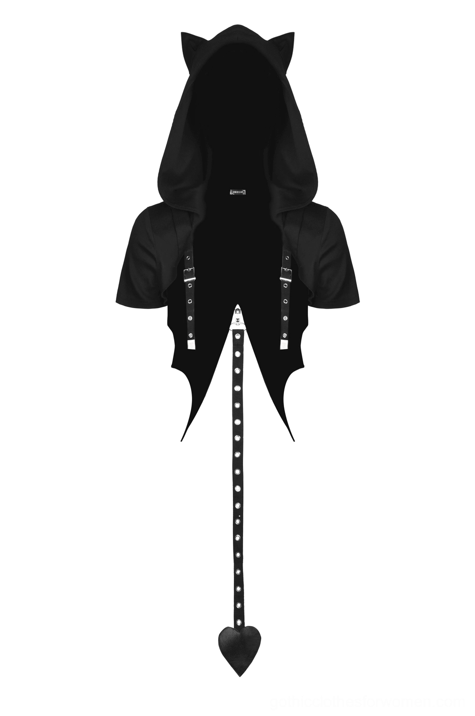 Black gothic crop top with bat wing hem and detachable heart-shaped tail - product flat lay