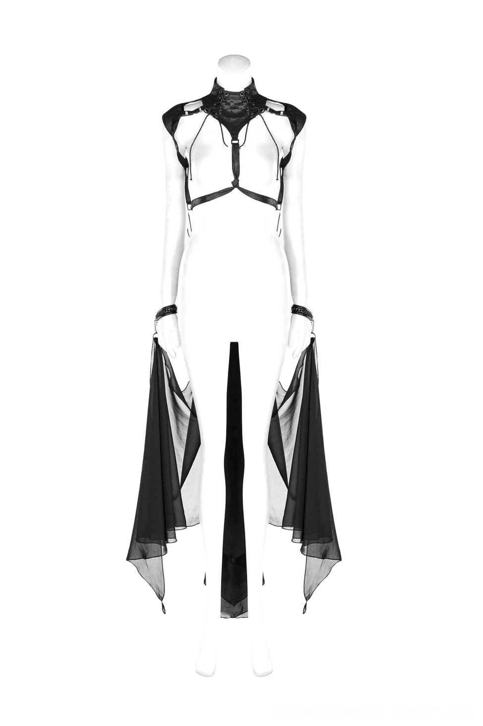 Detachable bat-wing cape with cracked PU leather harness system, front view