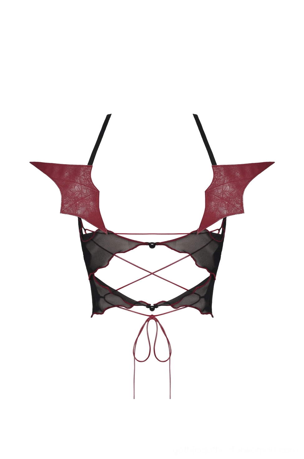 Black batwing crop top back flat lay showing mesh panel, lace-up tie, and red faux leather wings