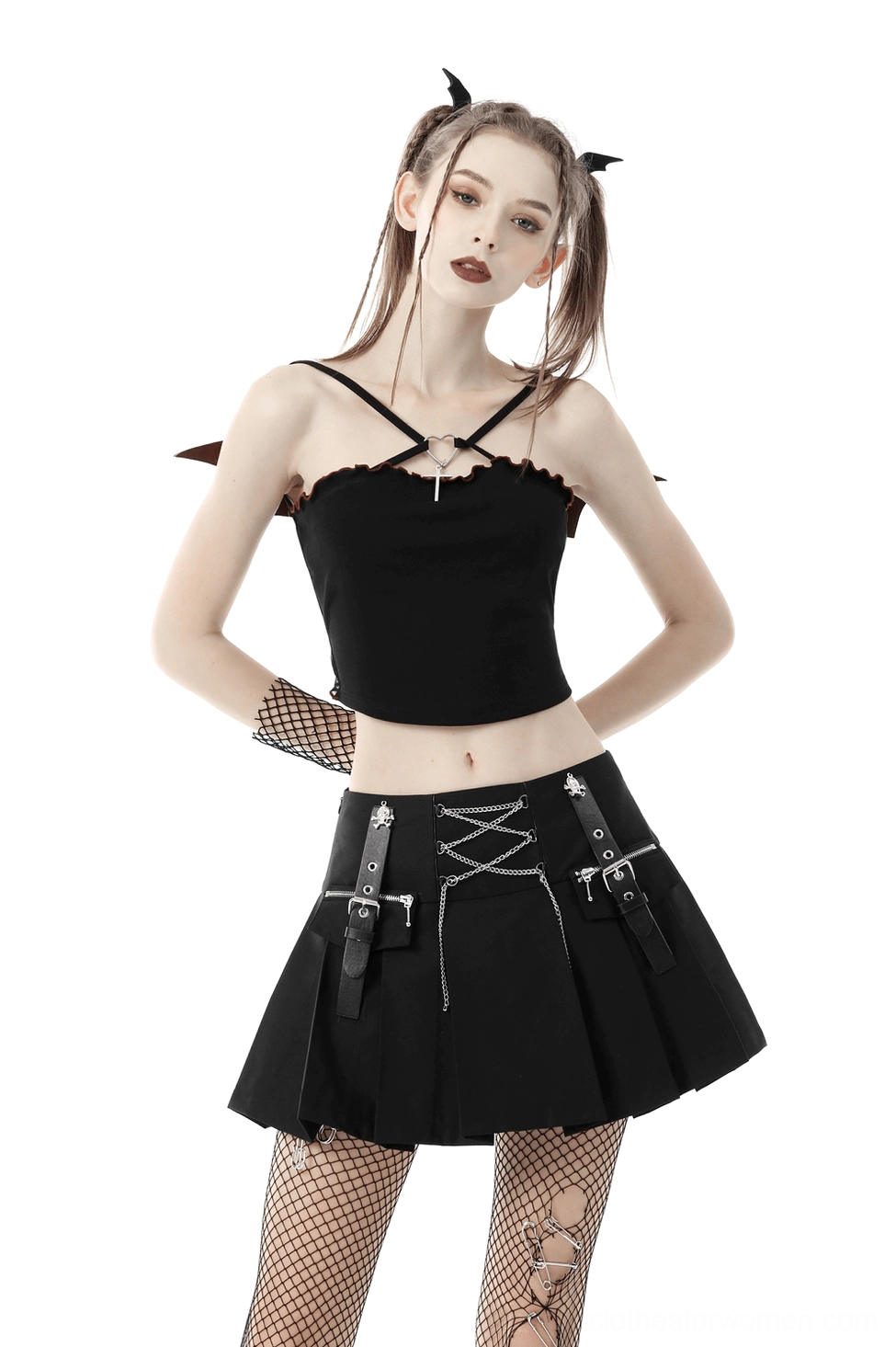 Black gothic batwing crop top additional angle showing silhouette and dramatic sleeve design