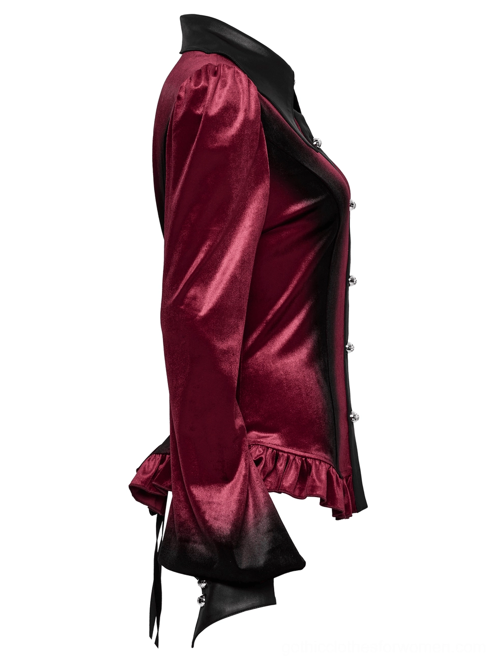 Batwing sleeve and lace-up back detail of burgundy velvet Gothic blouse from side view