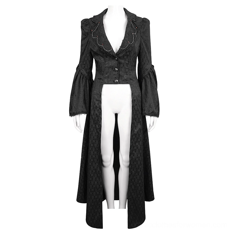 Black gothic long coat on mannequin front view with beaded lapel trim and high slit