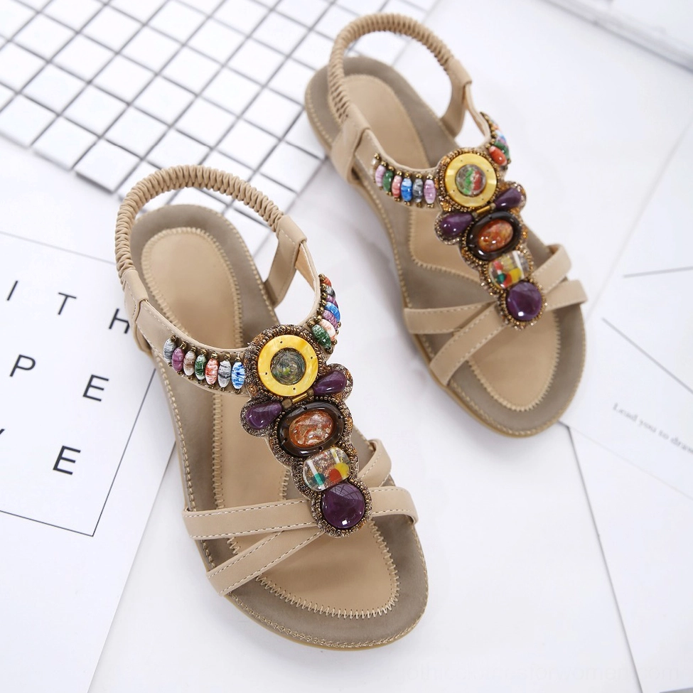Beaded gothic sandal with colorful gemstone decoration, PU leather upper, and elastic ankle strap detail
