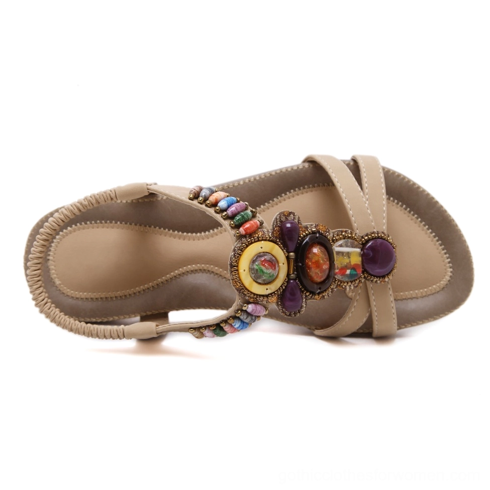 Beige PU leather beaded sandal with colorful gemstone decorations and open toe design, top-down overhead view