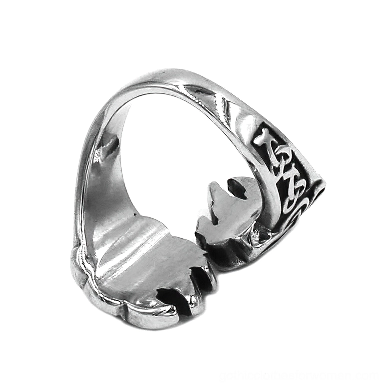 Open bear claw ring with Nordic rune engravings, gothic stainless steel design, back side view