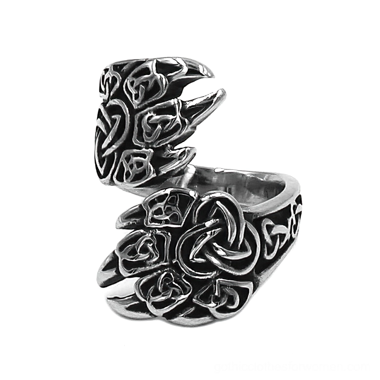 Bear claw gothic ring with detailed Triquetra carvings and claw design, front oblique perspective