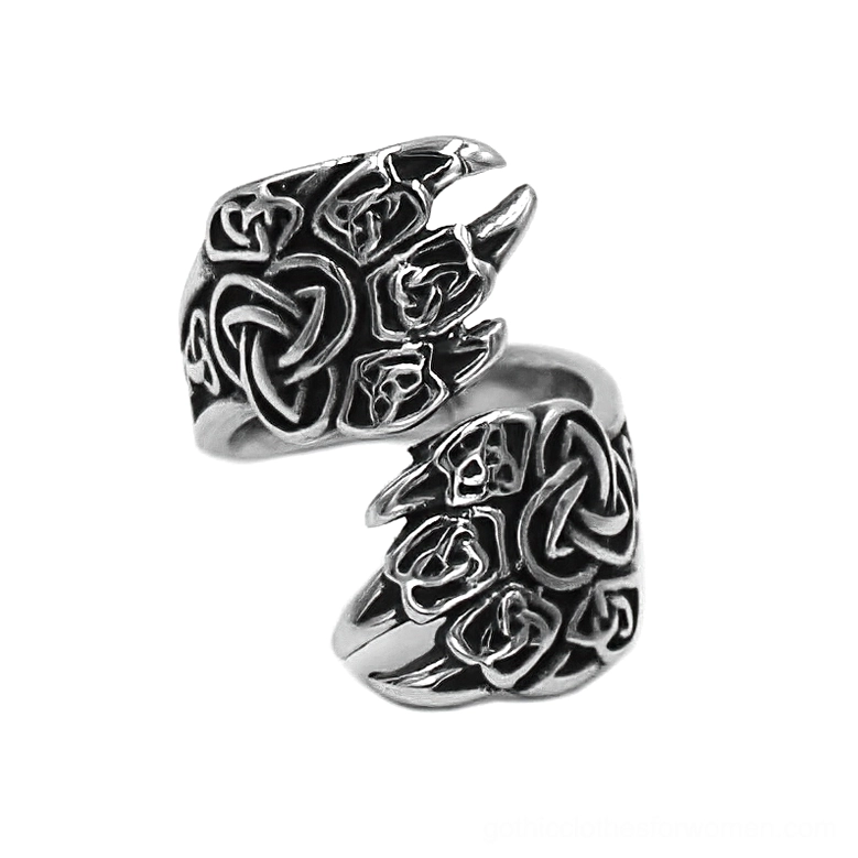 Bear claw gothic ring with Triquetra knot engravings, vintage silver stainless steel, top oblique view